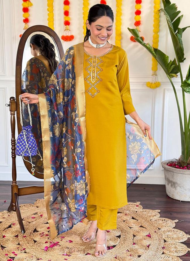 Viscose Chanderi Mustard Festival Wear Printed Readymade Suit